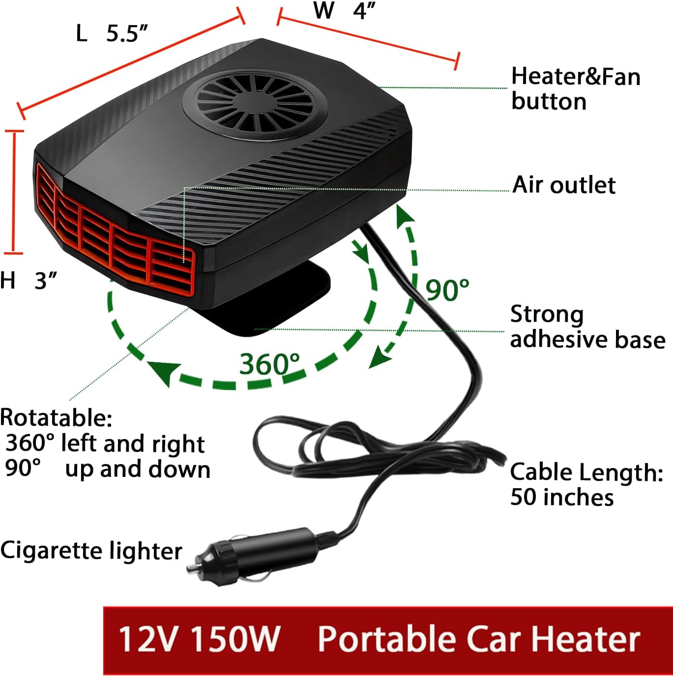 12Volt Car Heaters for Vehicle，150W Car Defogging and Defrosting Heater, Portable Heater for Car