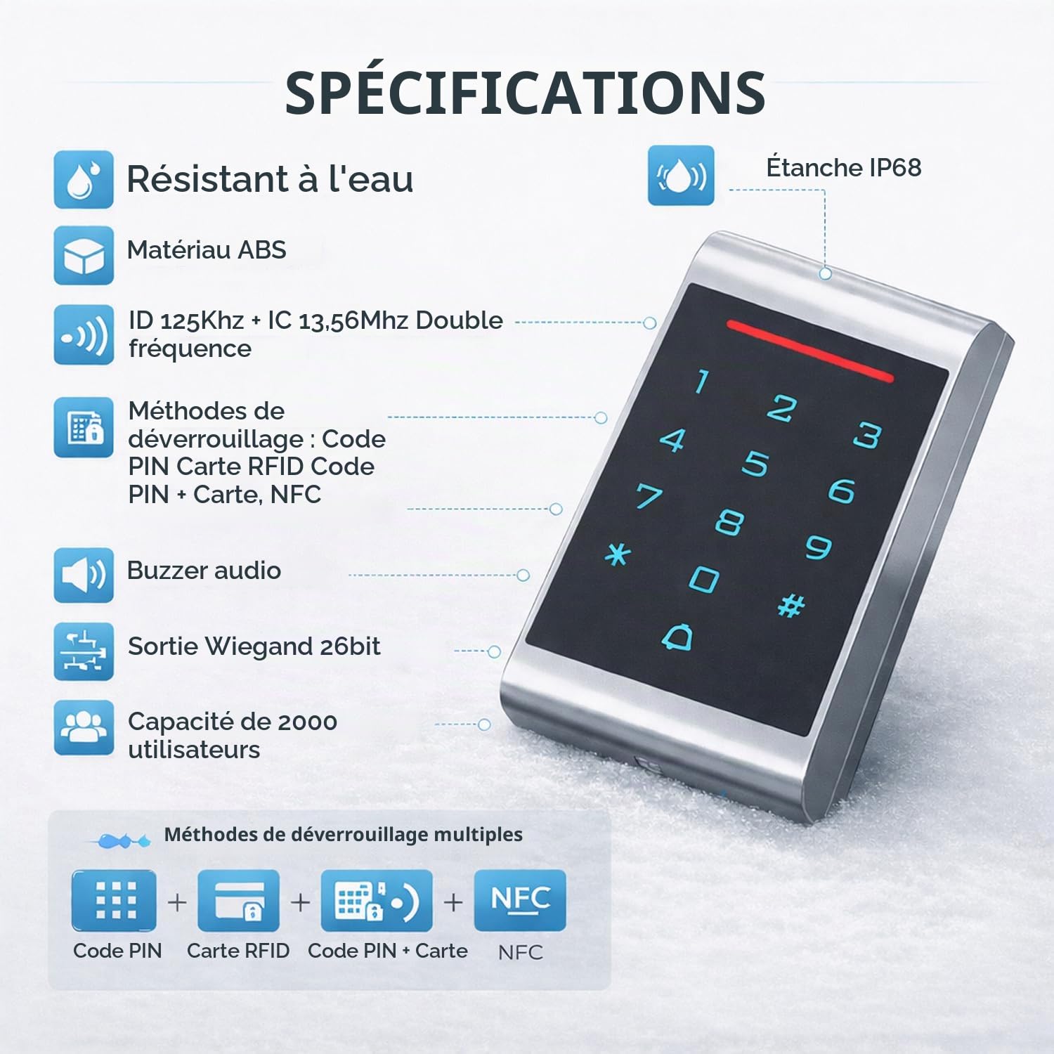 Contrôleur d’accès RFID double fréquence (ID + IC / NFC) avec clavier à code, IP68 étanche, WG26/WG34, DC 12–24V, pour appartement, bureau et portail, avec 10 badges 125KHz(2)