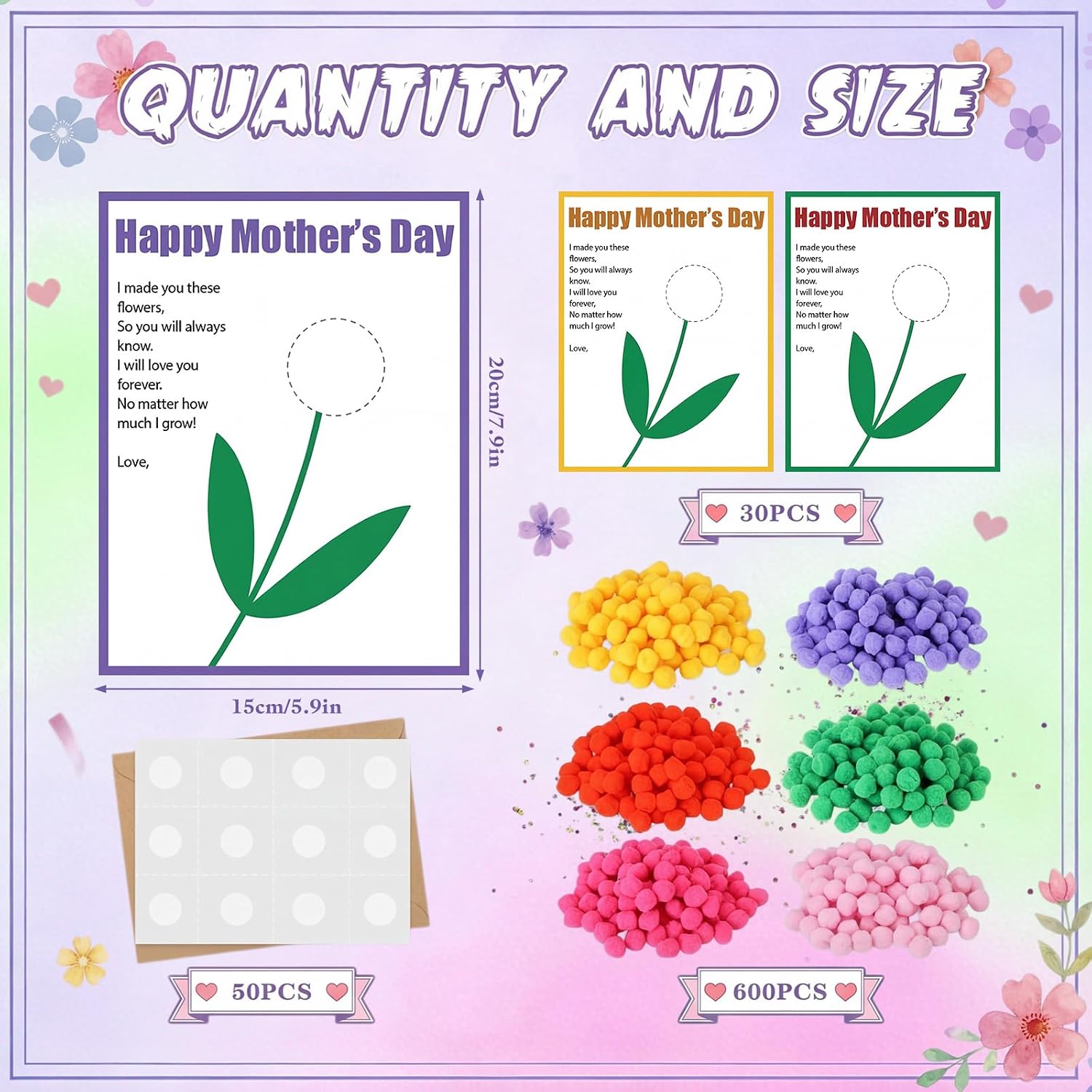 Hollowfly 30 Set Mother's Day Craft Kits Gift DIY Flower Picture Frames Crafts DIY Pom Poms Flower Picture Frame with Happy Mother's Day Cards Handmade Gifts from Daughter Son for Mom