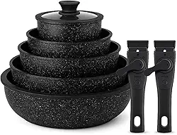 UCC Life Conjunto de Panelas 7 Peças Revestimento Granito Preto Alças Removíveis Compatível com Todos os Fogões