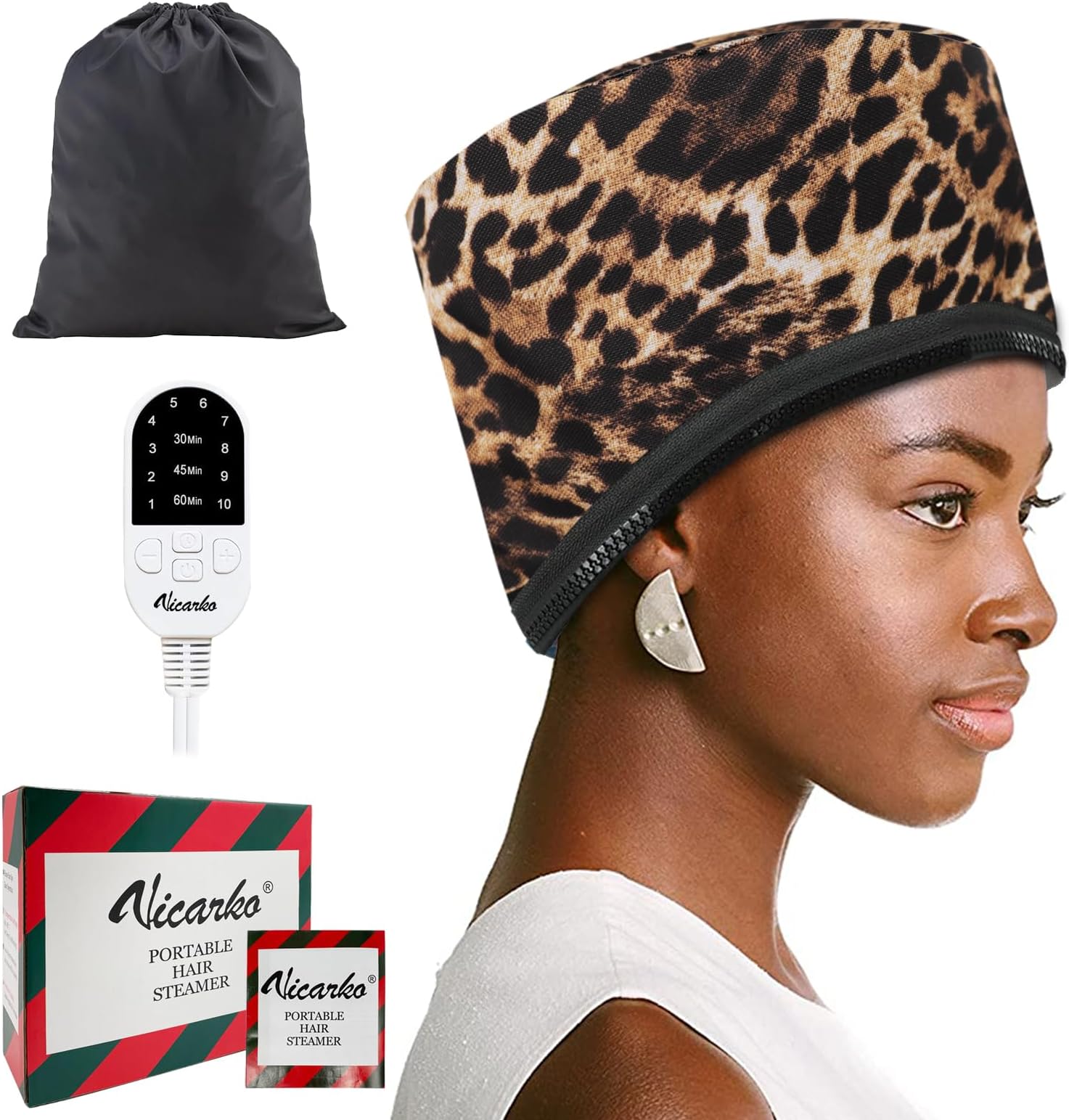 Hair Steamer for Deep Conditioning, 10-Level Heats Up Quickly, 118” Power Cord, Heating Cap Hot Oil Treatment Heat, Electric Thermal Heated Steam for Natural Black Hair, Animal Print