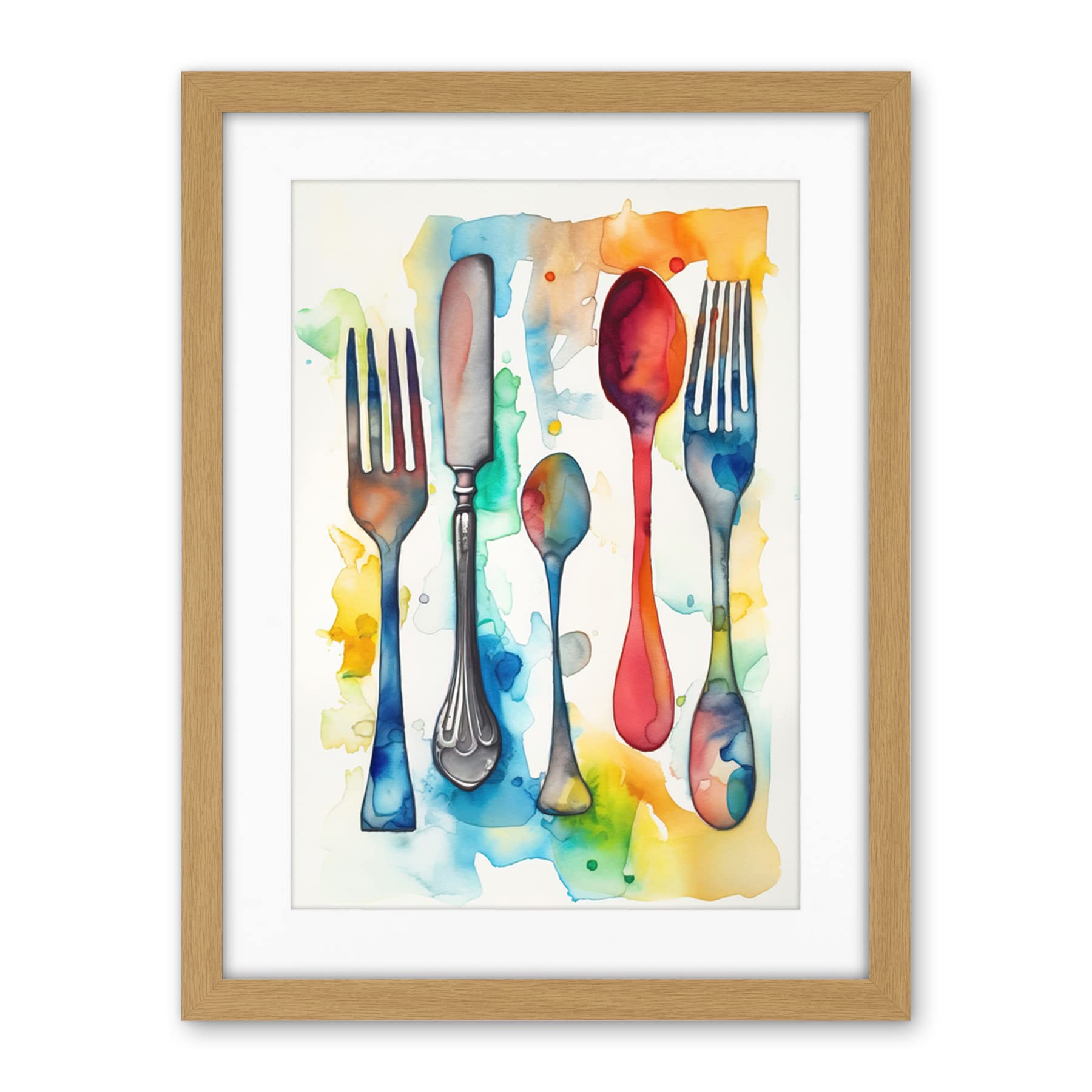Artery8 Cutlery Forks Spoons And Knife Watercolour Painting Artwork Framed Wall Art Print 18X24 Inch
