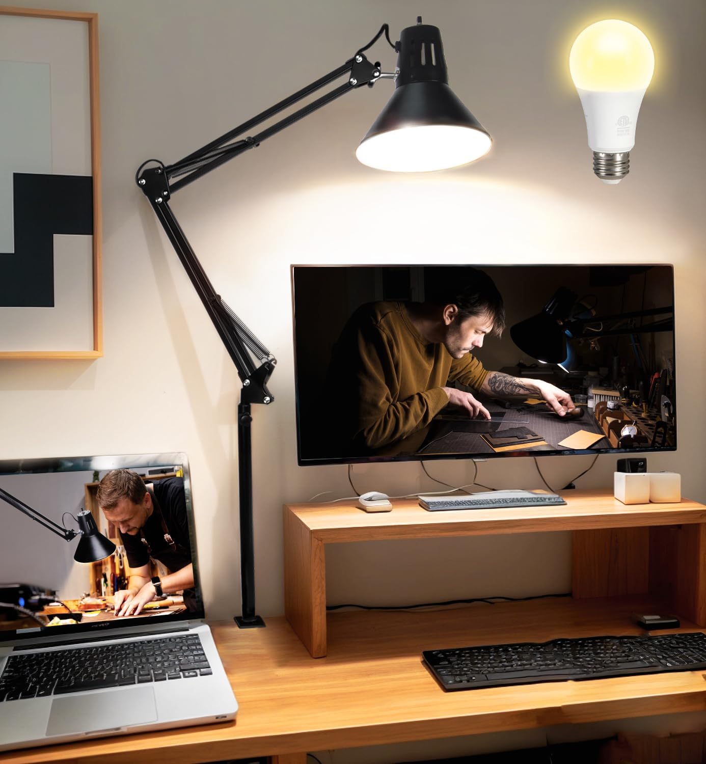 Hypool Desk Lamp for Home Office Eye-Caring Metal Extra Long Swing Arm Stable Clamp Flexible Gooseneck A19 E26 Bulb Included as Table Working Reading Aesthetic Computer Versatile Light