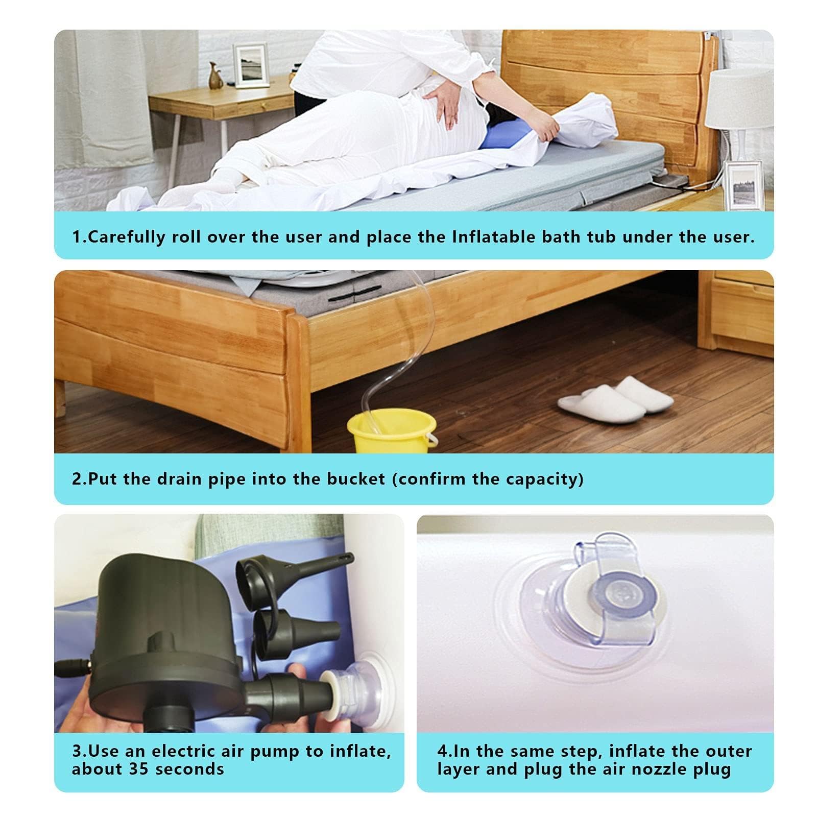 Kit de ducha inflable médica, ayuda de baño en la cama para discapacitados, ancianos, pacientes postrados en cama o lesionados, bañera portátil de PVC en cama con bomba de aire eléctrica, bolsa de