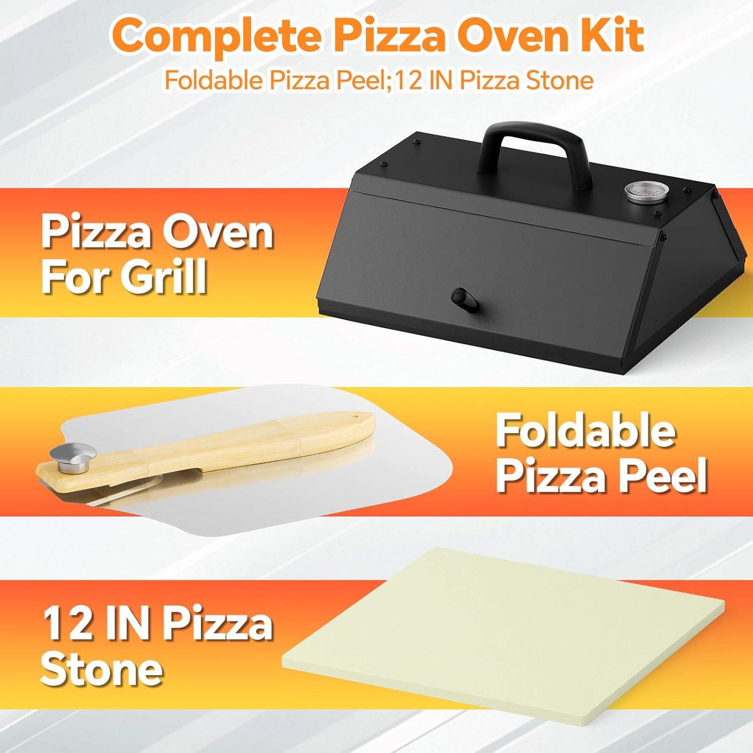 Pizza Oven for Grill, Grill Top Pizza Oven Kit with 12-inch Pizza Stone, Foldable Pizza Peel and Built-in Thermometer, Portable Outdoor Pizza Oven for Gas and Charcoal Grills