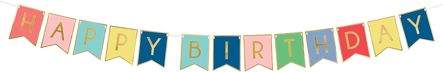 Party Decor - Coloured Bunting Banner with Happy Birthday Gold 175 cm, Colour, Grl56, Gold,White