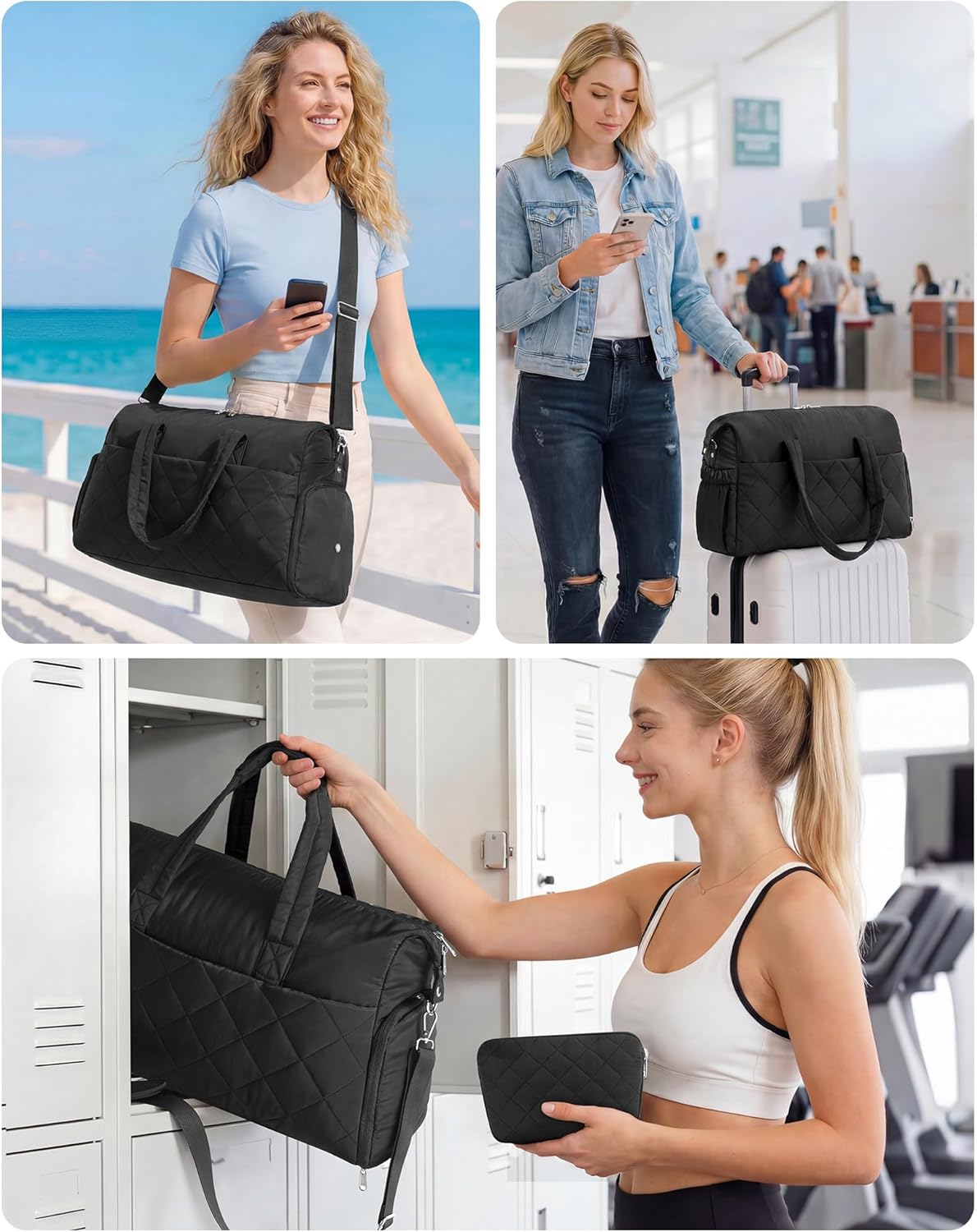 Gym Bag for Women with Shoe Compartment, 2-PC Lightweight Puffer Weekender Duffle with Wet Pocket, Quilted Carry on Travel Bag for Overnight Diaper Dance Hospital, Water Resistant, Black - Image 6