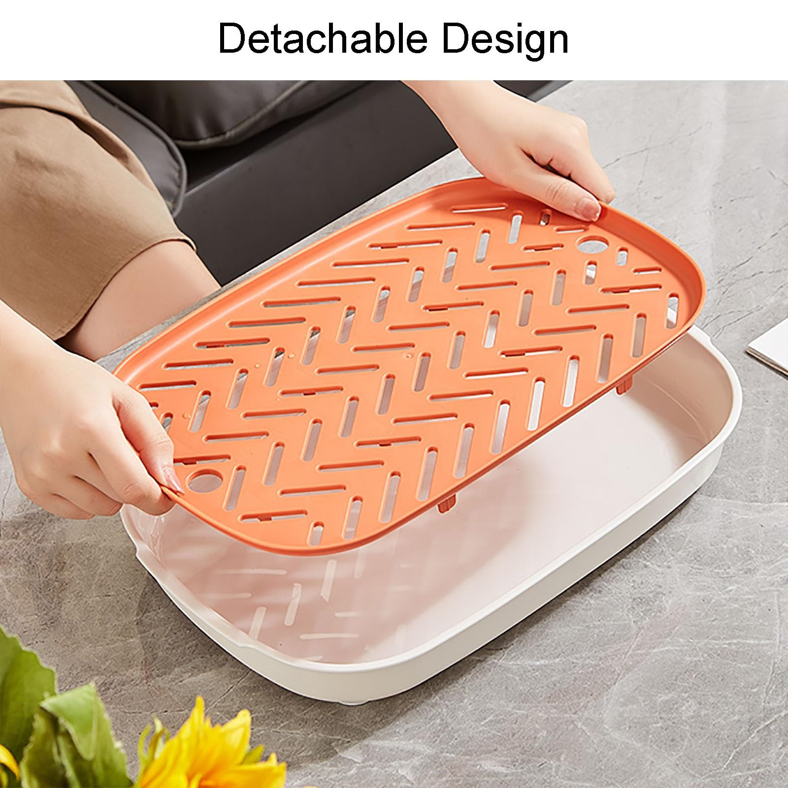 Bandeja de secado de platos de plástico de 2 niveles con estante extraíble y bandeja de goteo de borde elevado para juegos de té, frutas y aperitivos, 28 x 5 cm