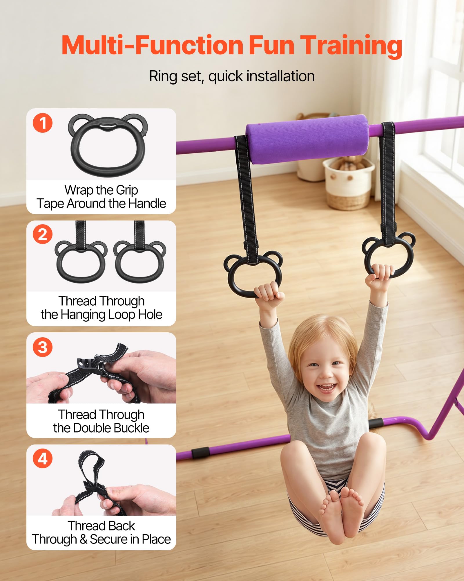 VEVOR Gymnastikstange für Kinder mit 63,5 kg Tragkraft, Klappbares Turnreck mit Turnringen, Höhenverstellbare Turnstange für Indoor- und Outdoor-Training, Heimtrainingsgerät für Kinderturnen