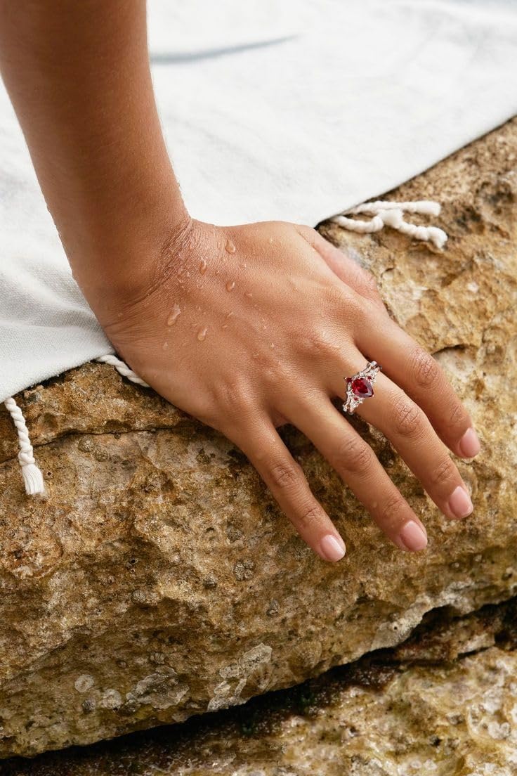 10K 14K 18K Solid Gold Gemstone Engagement Ring Set for Women Flower Design Ring Set Pear Cut Gemstone Bridal Wedding Ring Set Size 4-16 - Image 3