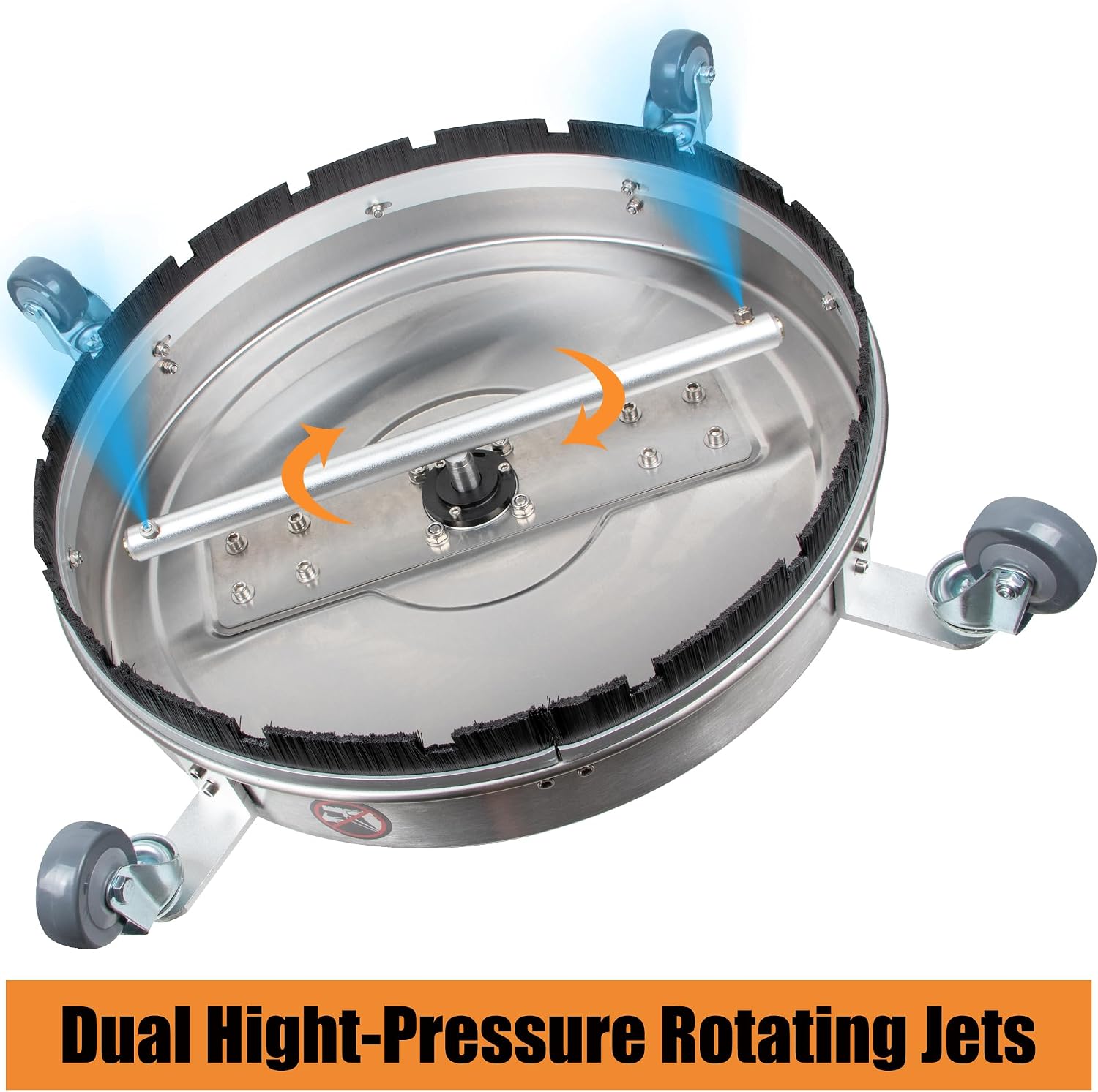 Underside view of the surface cleaner showing dual high-pressure rotating jets