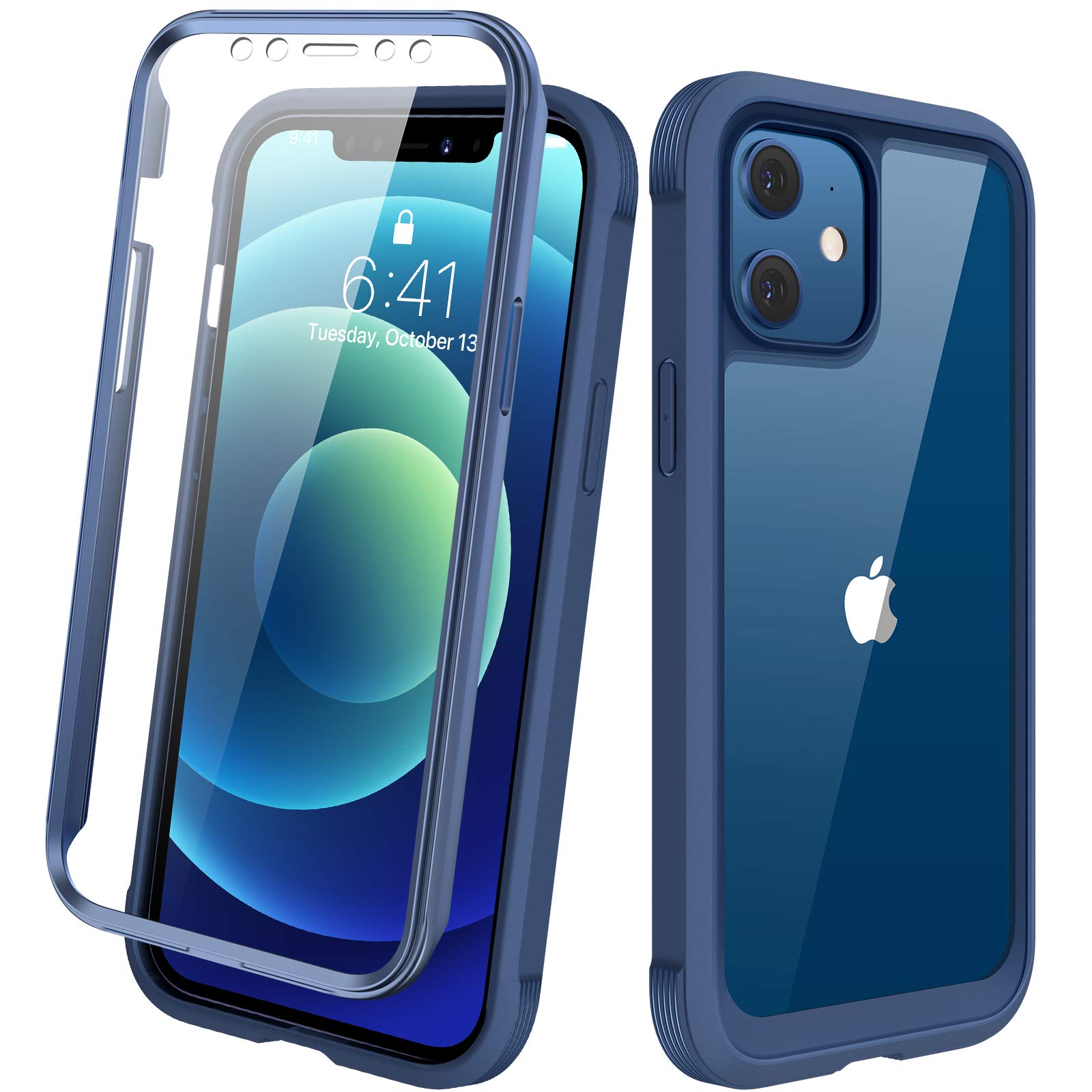 Diaclara Designed for iPhone 12/12 Pro Case, Full Body Rugged with Built-in Touch Sensitive Anti-Scratch Screen Protector, Soft TPU Bumper Case for iPhone 12/12 Pro 6.1" (Dark Blue and Clear)