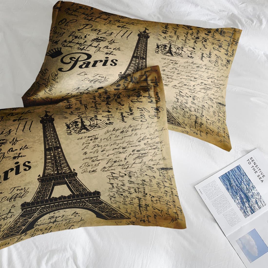 Pamnest Comforter Set King Size, Paris Eiffel Tower 7 Pcs Bedding for Kids and Adults, Love Retro Brown Bed Sheet Sets with Fitted Sheet 2 Pillowcases & 2 Shams for Bedroom Bed Decor