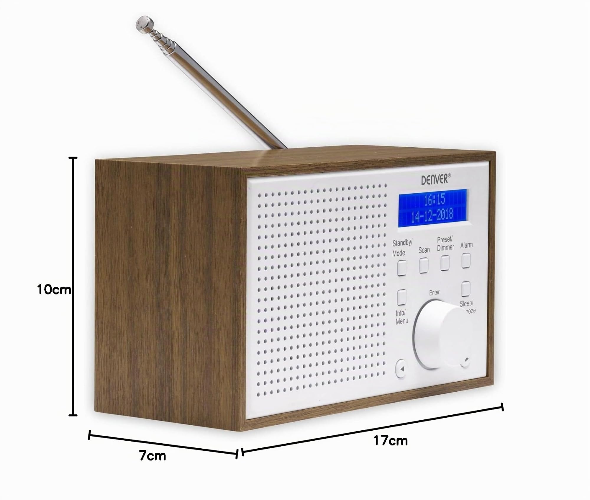 Enver DAB-46W Digitalradio DAB+ FM Wecker Holzoptik Weiß | LCD-Display, automatische Uhrzeit, Teleskopantenne, Netzteil, 4x AA