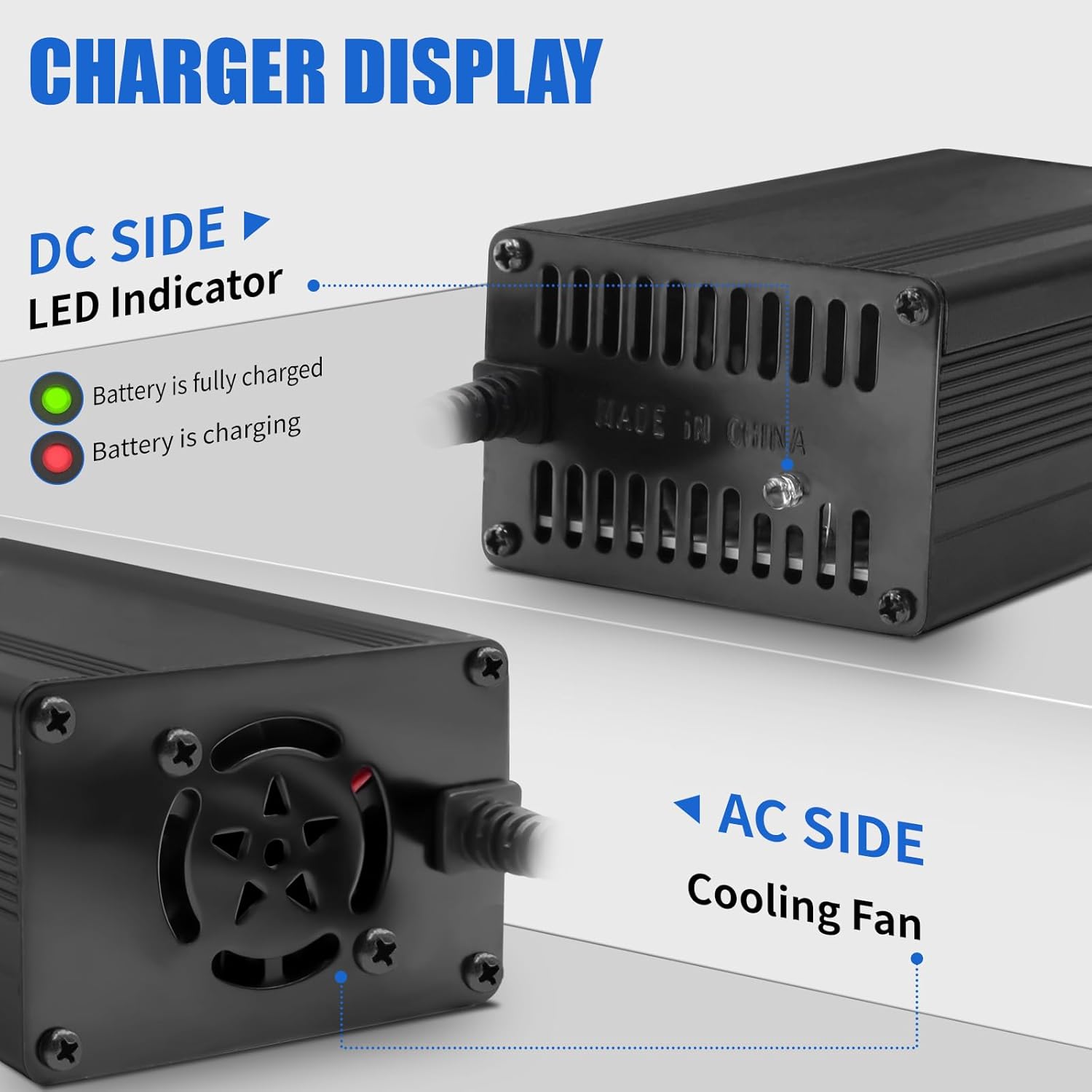 Close-up of the charger showing the DC side LED indicator (red for charging, green for full) and the AC side cooling fan.