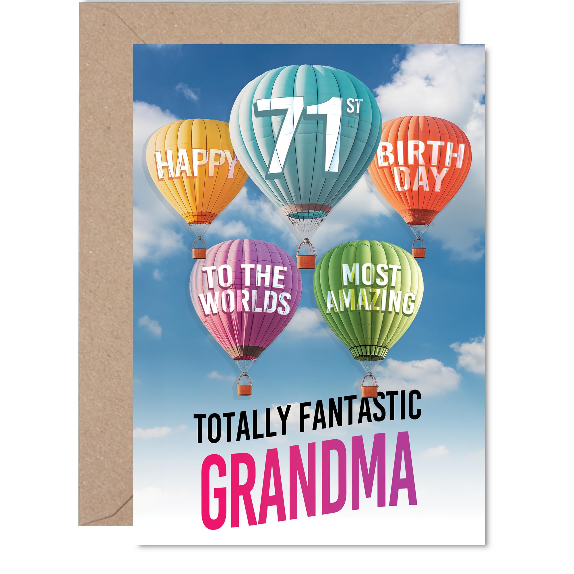 Grandma 71st Birthday Card - Most Amazing Hot Air Balloon - Happy Birthday Card for 71 Year Old Grandma from Grandson Granddaughter, A5 Balloons Stars Bday Greeting Cards