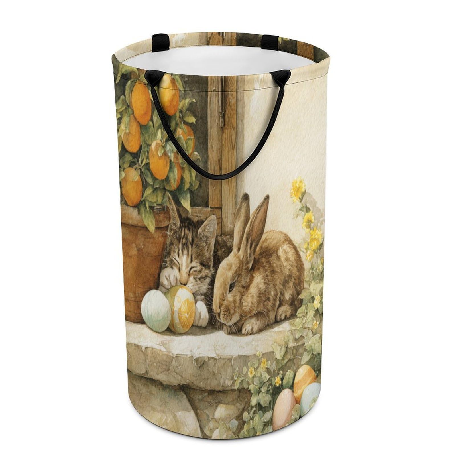 LUYYSKY Cute Vintage Kitten Bunny Versatile Storage Laundry Basket, Watercolor Colorful Easter Eggs Flowers Animal Rabbit Cat Large Bathroom Laundry Hamper With Handle-40 CM Dia, 69 CM High
