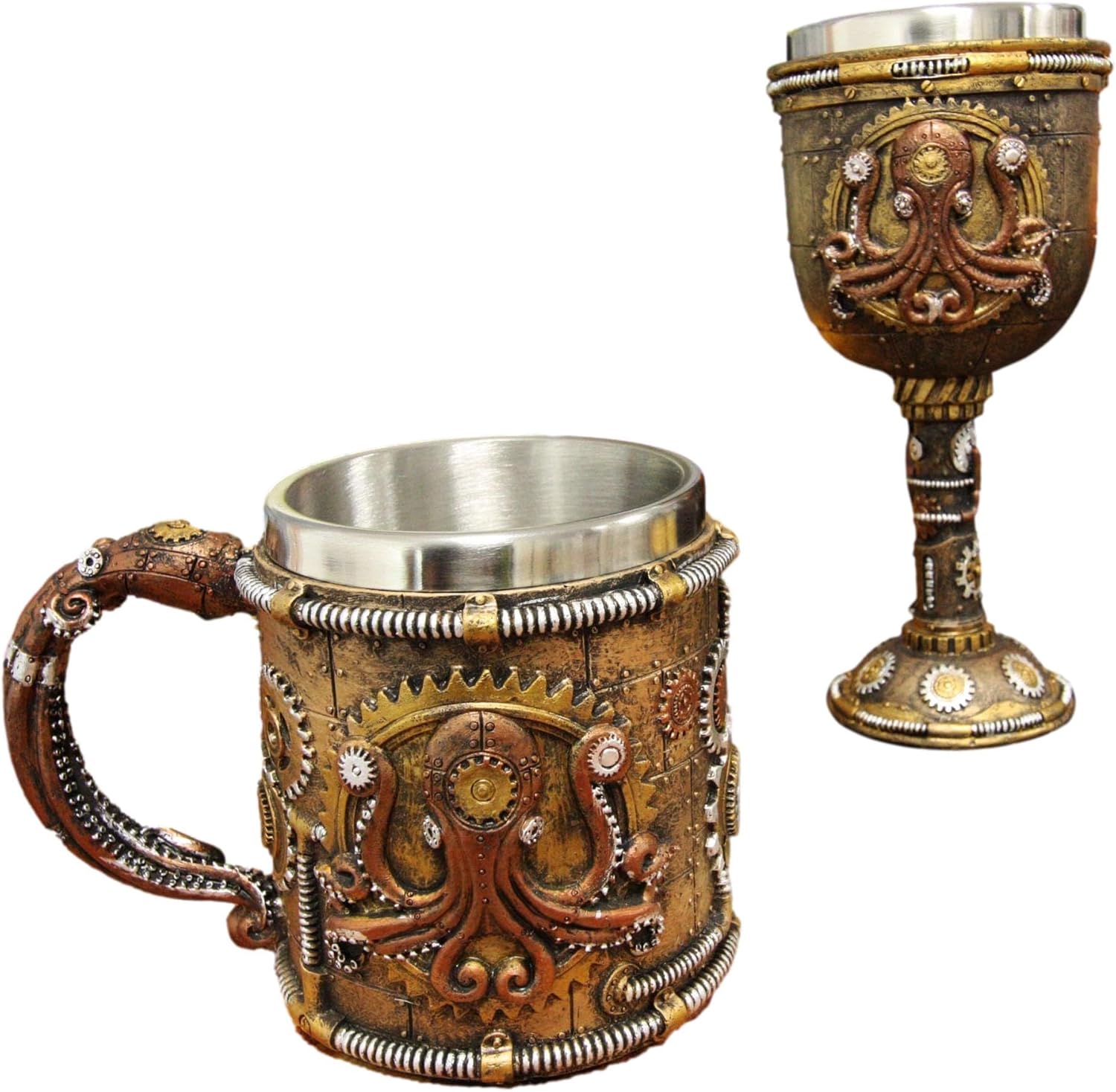 Ebros Brazen Steampunk Kraken Octopus Cyborg With Sculpted Robotic Gearwork Valves And Pipelines Beverage Drinkware Serveware Decorative Accent (Wine Goblet And Mug Set)
