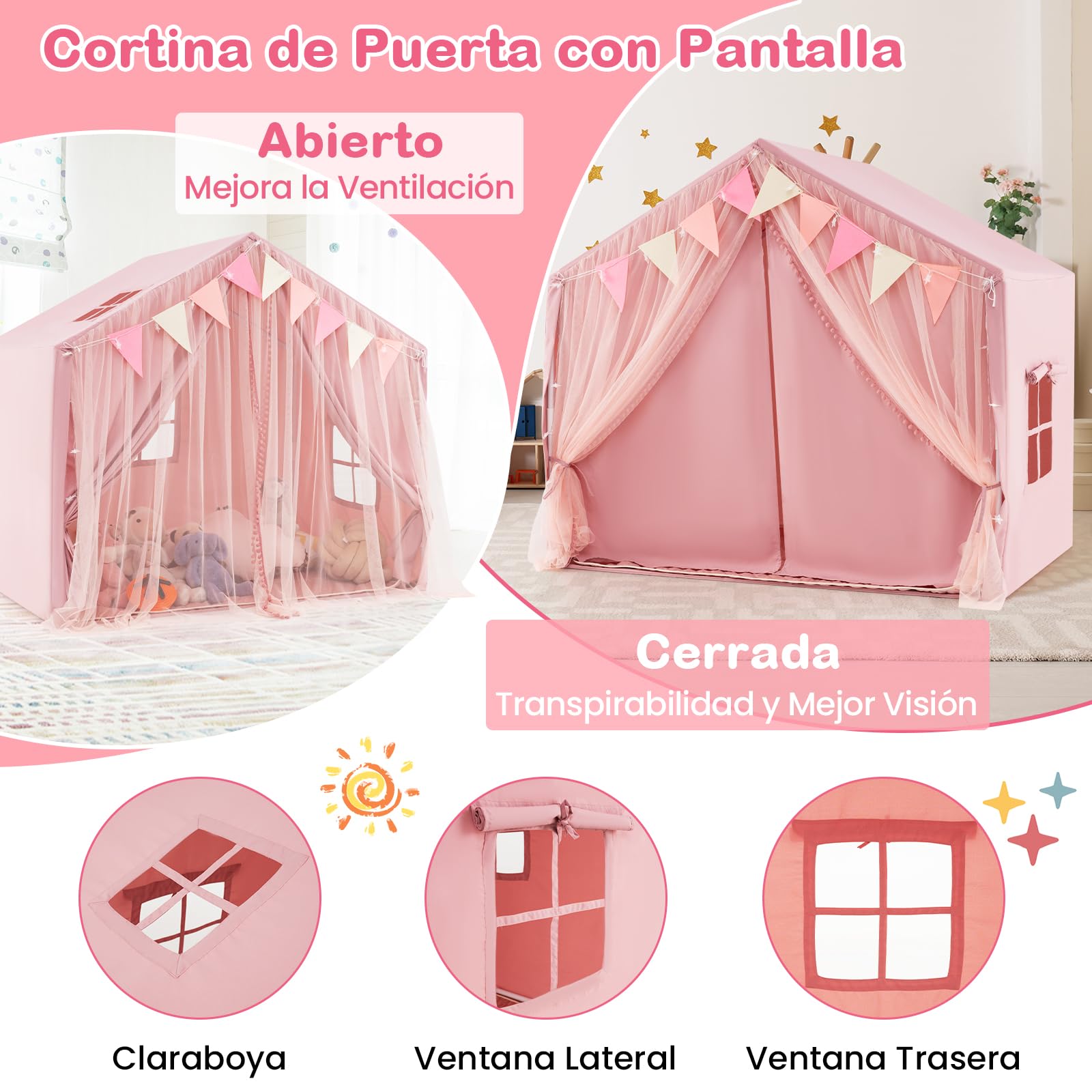 COSTWAY Tienda de Campaña Infantil, Tienda Tipi Infantil con 2 Cortinas de Tela y Malla, Luces de Estrellas, 2 Ventanas Transpirables, Almohadilla de Algodón, Casita Niños Tela para 3-4 Niños (Rosa)