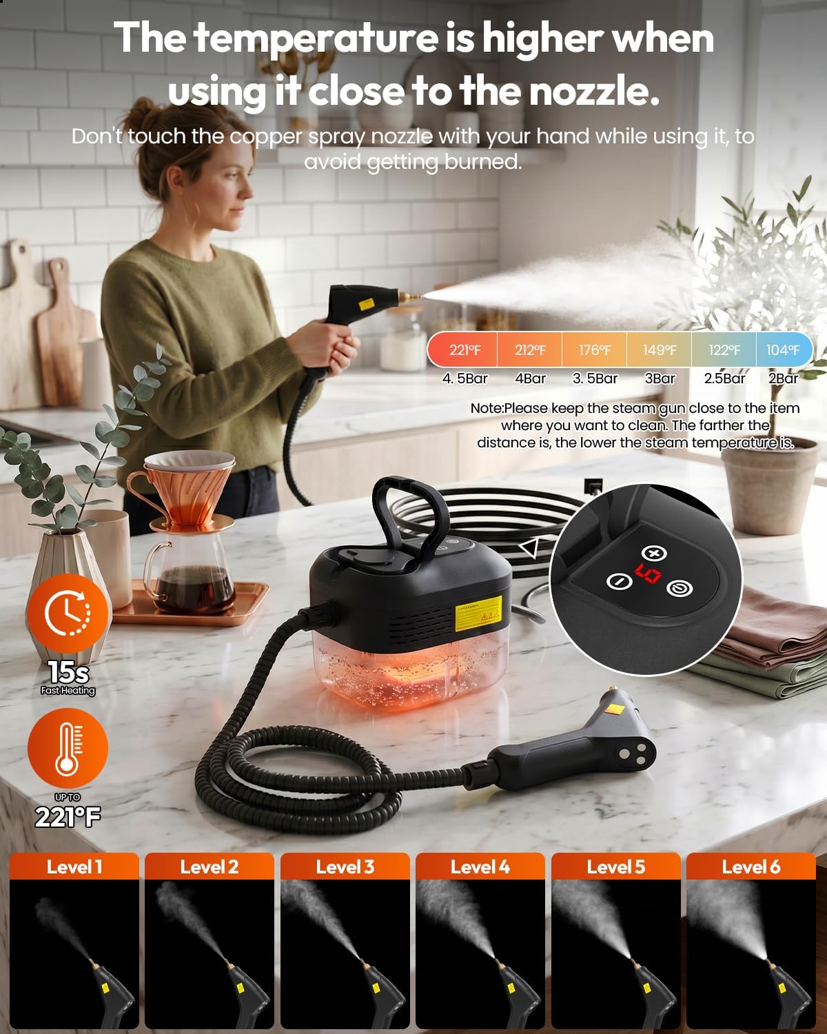 Handheld Steam Cleaner, 2500W High Pressure Steamer For Cleaning For Home | 6-Level Adjustable Pressurized Portable Steamer,Dual Switch With 15s Heat-Up,For Detailing,Tile,Grout,Grease,Sofa,Window