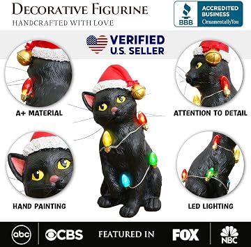 Festive Black Cat with LED Lights Figurine, 7 Cute Home Decor Statue
