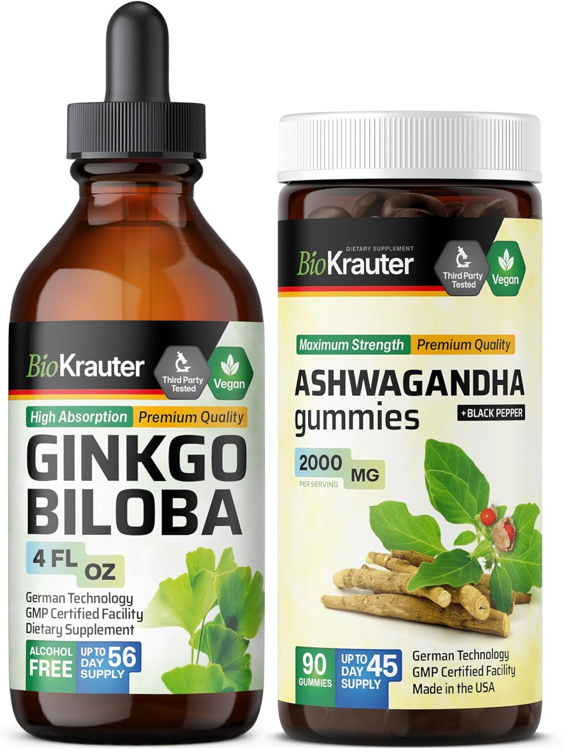BIO KRAUTER Ginkgo Biloba Tincture 4 Fl. Oz. & Ashwagandha 90 Gummies.