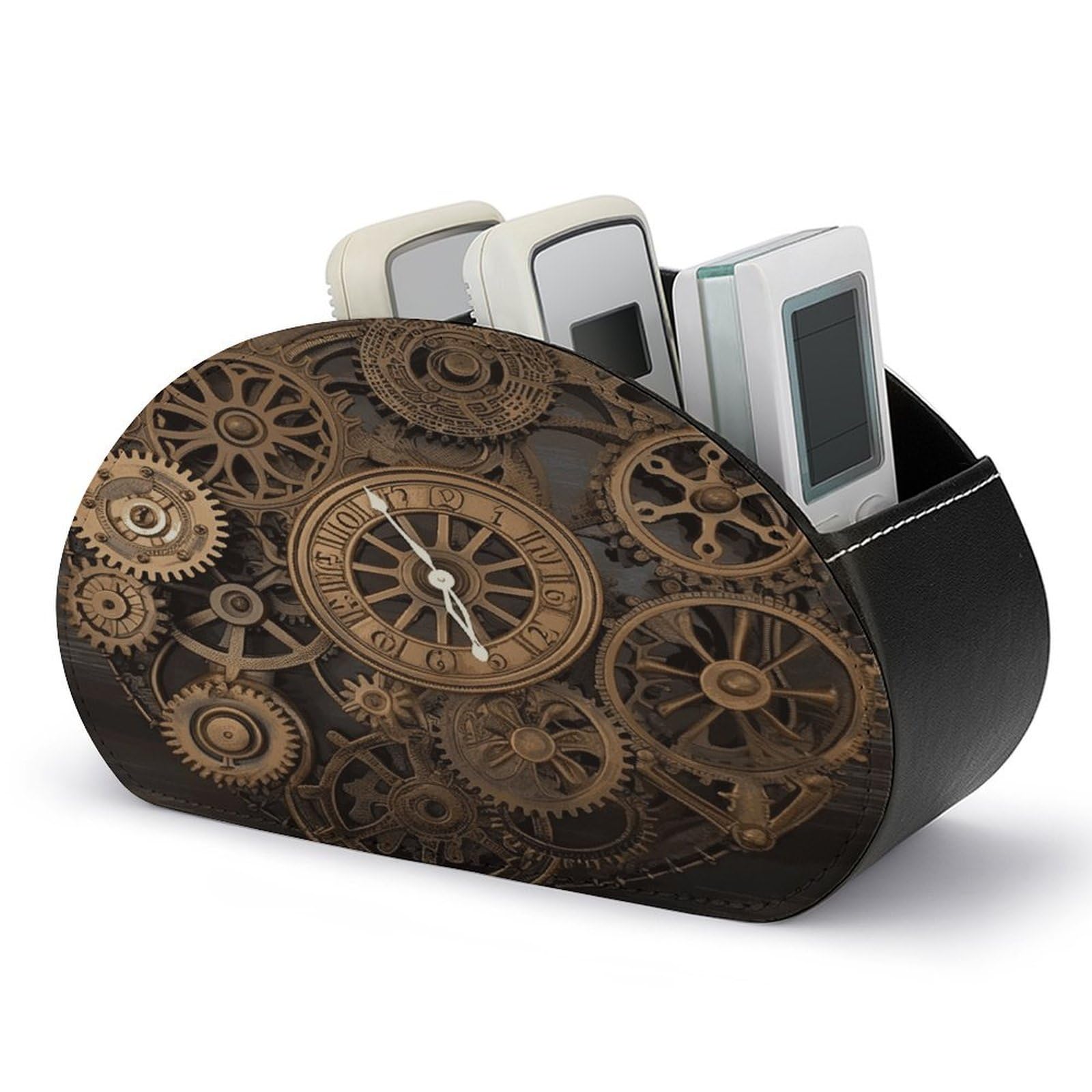 VstaDank Steampunk Gears Clock Remote Control Holder with 5 Compartments PU Leather Remote Caddy Desktop Organizer Store TV Remote Control Storage Box for Home Office Desk Nightstand