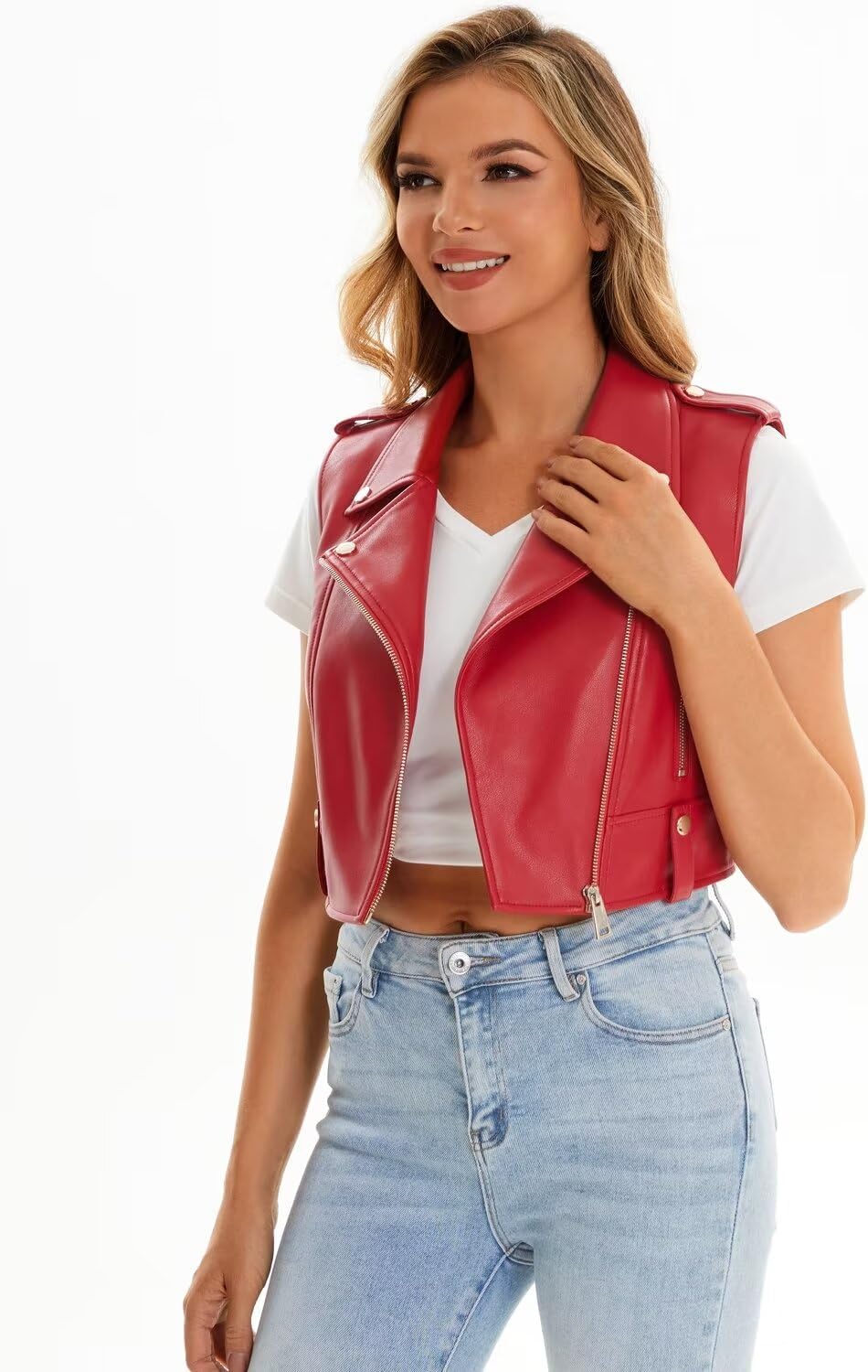 Faux Leather Vest For Women Zipper Cropped Sleeveless Biker Moto Slim PU Motorcycle Waistcoat image 2