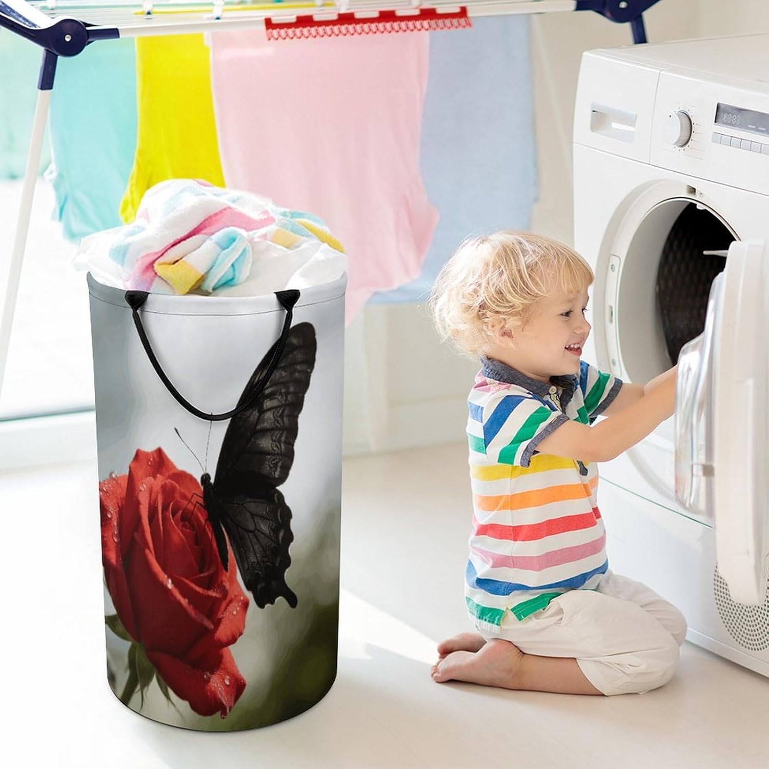 Black Butterfly Laundry Hamper 86L Waterproof Collapsible Clothes Basket with Double Handles Freestanding Foldable Laundry Basket Large Clothes Hamper for Bathroom