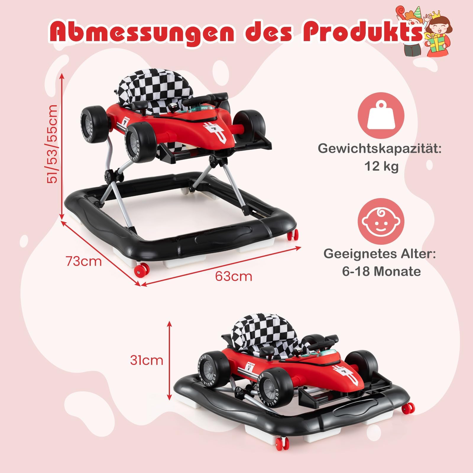 FANTASK 4 in 1 Lauflernhilfe, Lauflernwagen klappbar mit einstellbarer Höhe, mit Lenkrad & Spieluhr, Laufwagen mit Rädern für Baby von 6–18 Monaten