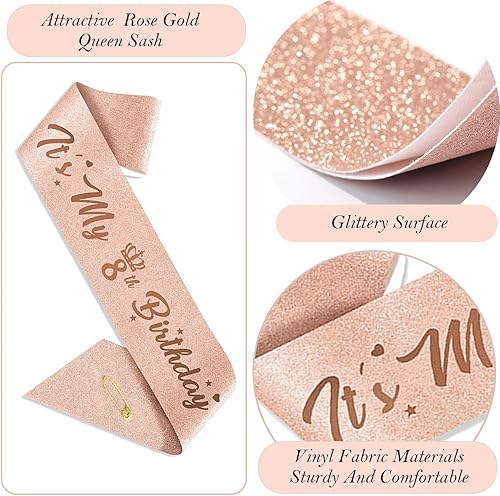 Miniatura 4 de Decoraciones de cumpleaños número 8 para niñas, incluye adorno para pastel de cumpleaños de 8 años, banda de reina de cumpleaños con alfiler de