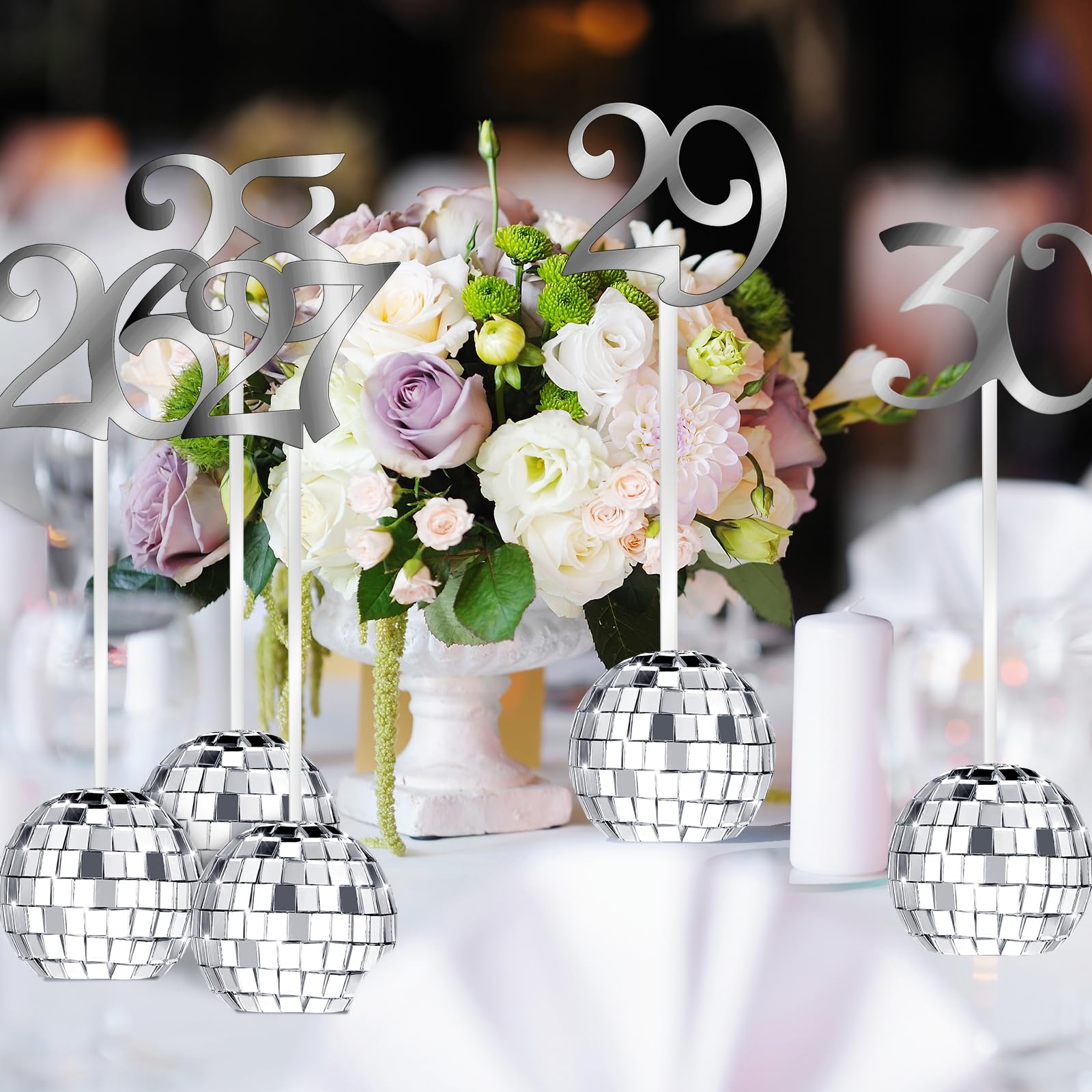Hochzeitstischnummern 1-30 Mit Discokugel Halter | Silberne Tischkarten Für Empfang & Party | Inkl. Acrylnummern