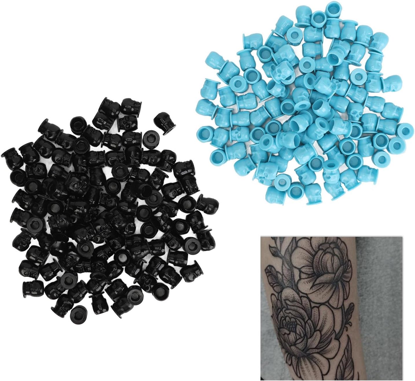 400pcs Disposable Ink Cups, Skull Shaped Flat Bottom Thickened Inner Wall Color Pigment Cups in Black and Blue for Microblading and Tattooing