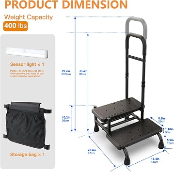 2 Step Stool with Handle for Elderly, Adjustable Handrail, Sensor Light