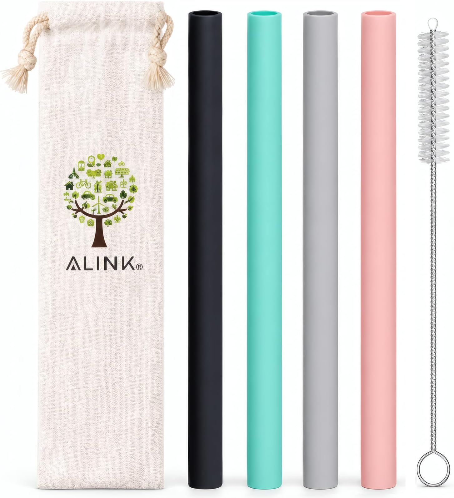 ALINK Extra Wide Silicone Boba Straws, 10 Inch, 4 Pack with Brush & Bag