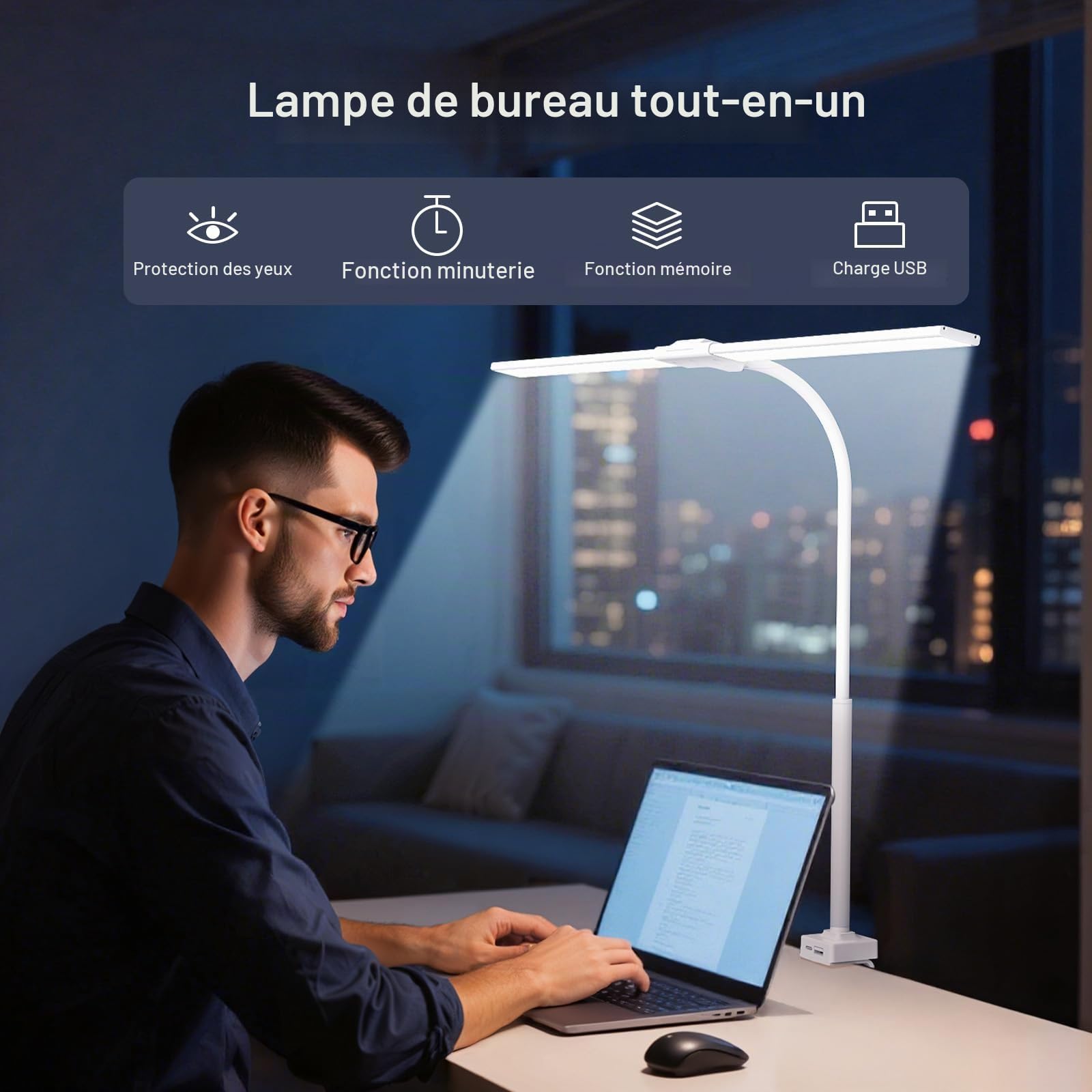 Lampe de Bureau LED 24W avec Pince - 1500LM 80CM Lampe de Lecture à DEL de Cygne avec Télécommande, Port de chargement USB pour Maison et Bureau, Blanc Éclatant