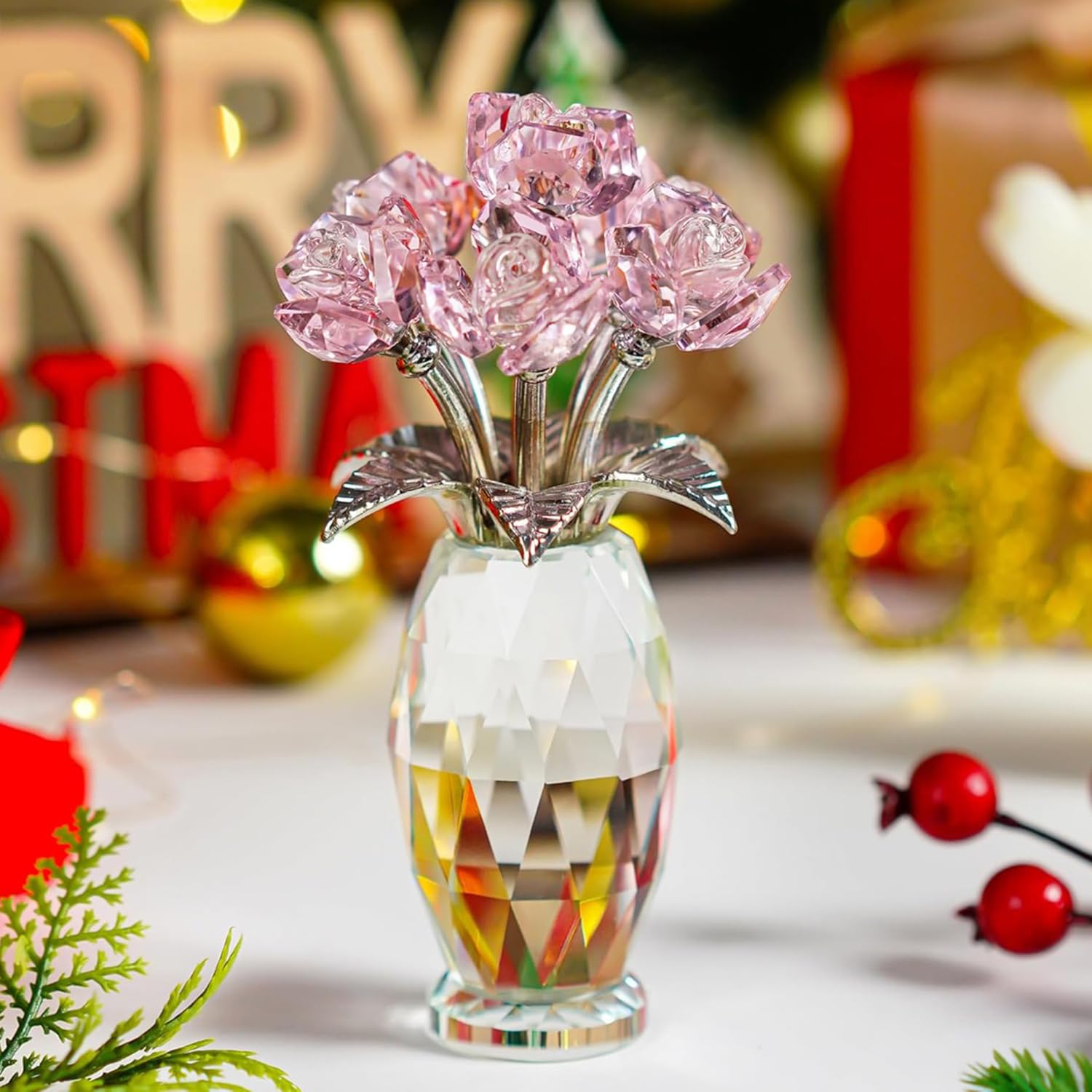 H&D HYALINE & DORA Pink Crystal Rose Flower Figurine,Glass Rose Flowers Gifts for Women,Crystal Rose Flower Collectible for Christmas Wedding Decor