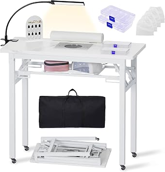 Portable&Foldable Nail Desk w/Dust Collector &LED Light Lamp&Wrist Cushion