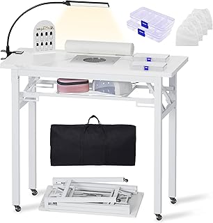 Portable & Foldable Manicure Table w/Dust Collector, Rolling Nail Tech Desk w/LED Light Lamp, Wrist Cushion, Lockable Wheels, Carrying Case, for Home Travel Beauty Salon Workstation (Marble White)