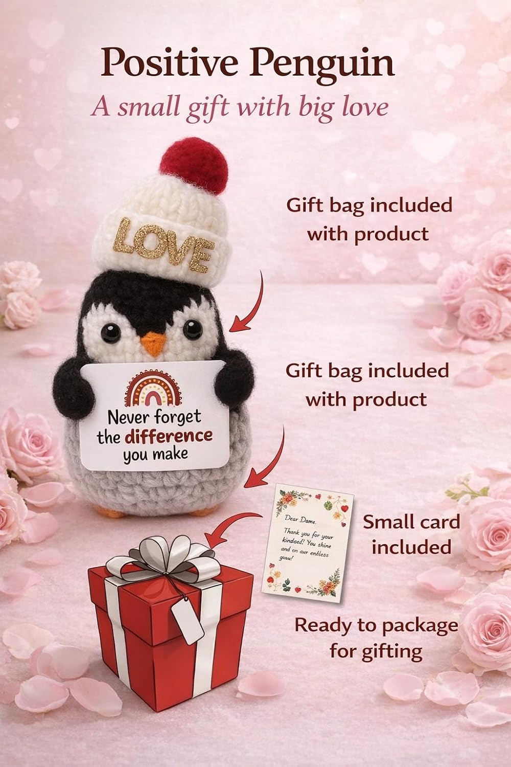 Loving Adorable Black White Crochet Penguin Plush with Hat, Handmade Emotional Support Gift, Cute Tiny Desk Decor for Stocking Stuffer, Hand Made Gift Idea