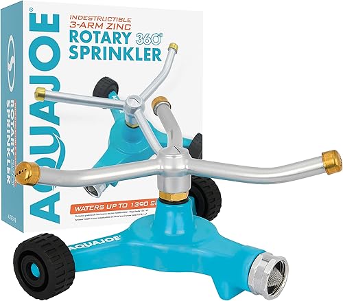 Aqua Joe AJ-TRSWB - Aspersor giratorio de metal de 3 brazos, con base de ruedas de 8 pulgadas