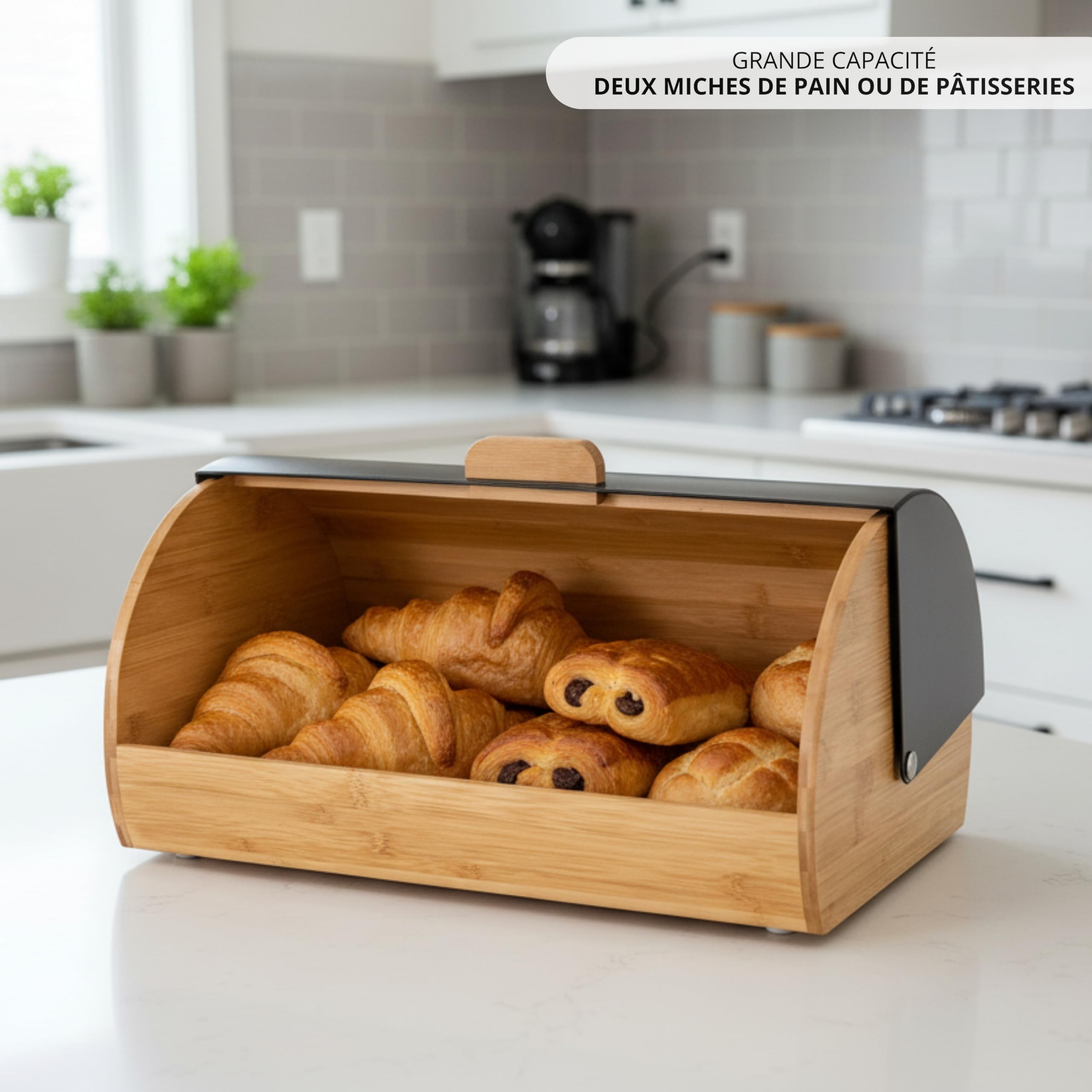 Erreke Boîte à Pain pour Conserver Pain et Viennoiseries, Noir, Résistant | Prolonge la Fraîcheur et Conserve l'Arôme du Pain Frais. En Acier et Bois de Bambou. Couvercle Coulissant. Design Moderne