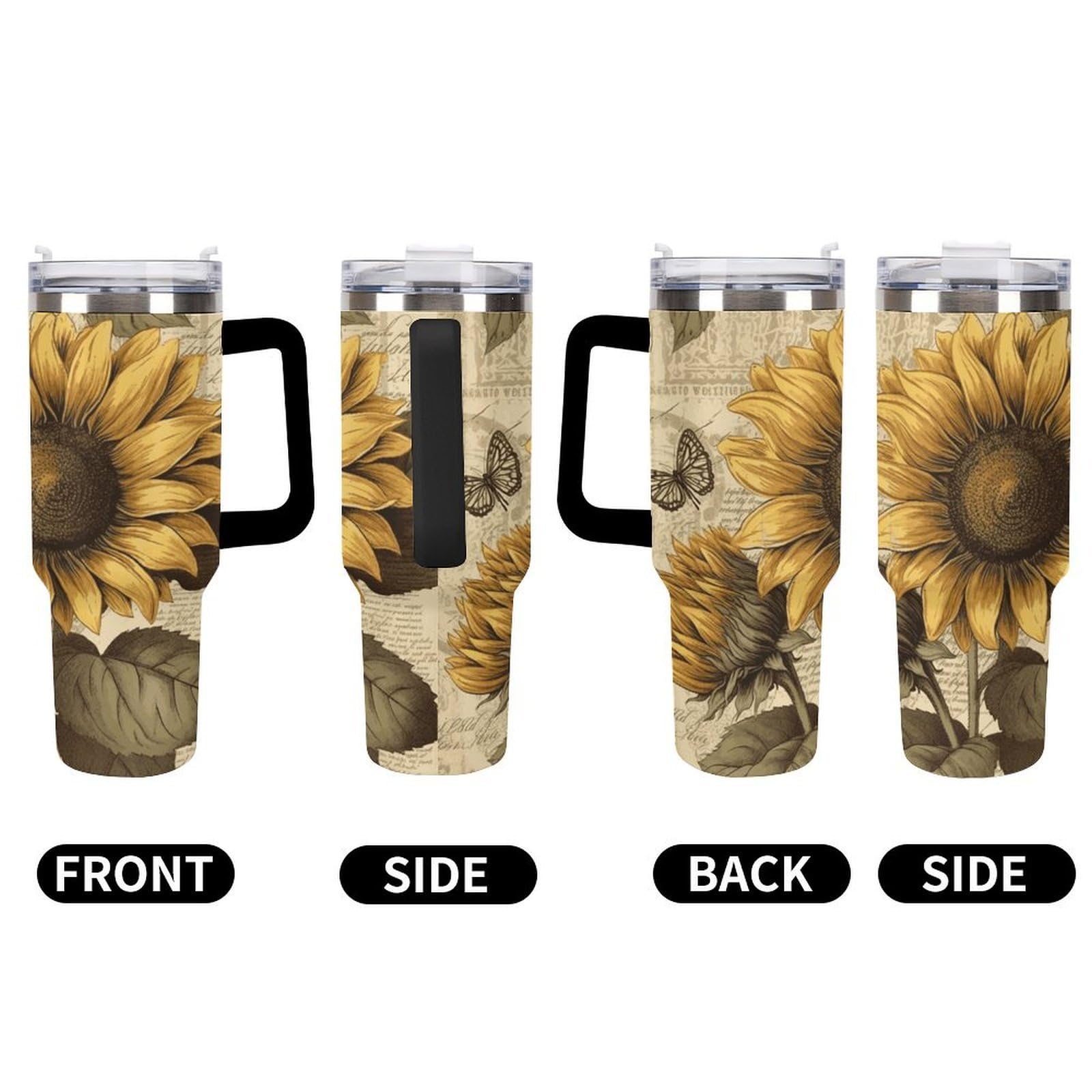 Retro-Sonnenblumen-Becher mit Strohhalm und Griff, doppelwandig, Vakuumisolierung, Wasserflaschen für Eiskaffee, Tee, heiße und kalte Getränke