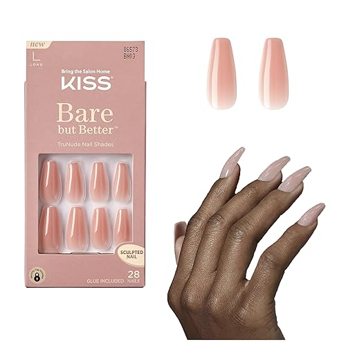 KISS Bare but Better, Press On Nails, Nail glue included, 'Nude Glow', Color, Long Size, Coffin Shape, Includes 28 Nails, 2g glue, 1 Manicure Stick, 1 Mini File - Elegant