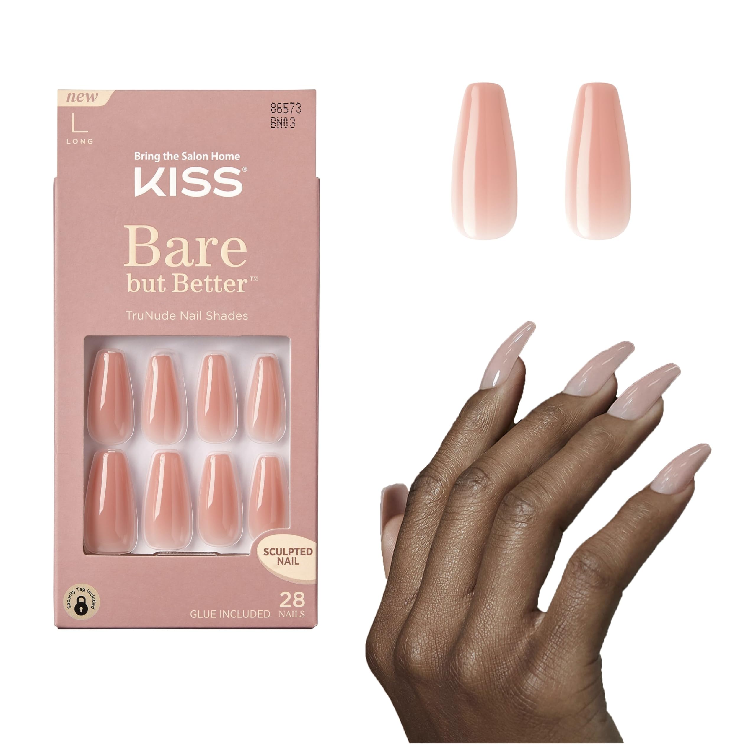 KISS Bare but Better, Press On Nails, Nail glue included, 'Nude Glow', Color, Long Size, Coffin Shape, Includes 28 Nails, 2g glue, 1 Manicure Stick, 1 Mini File