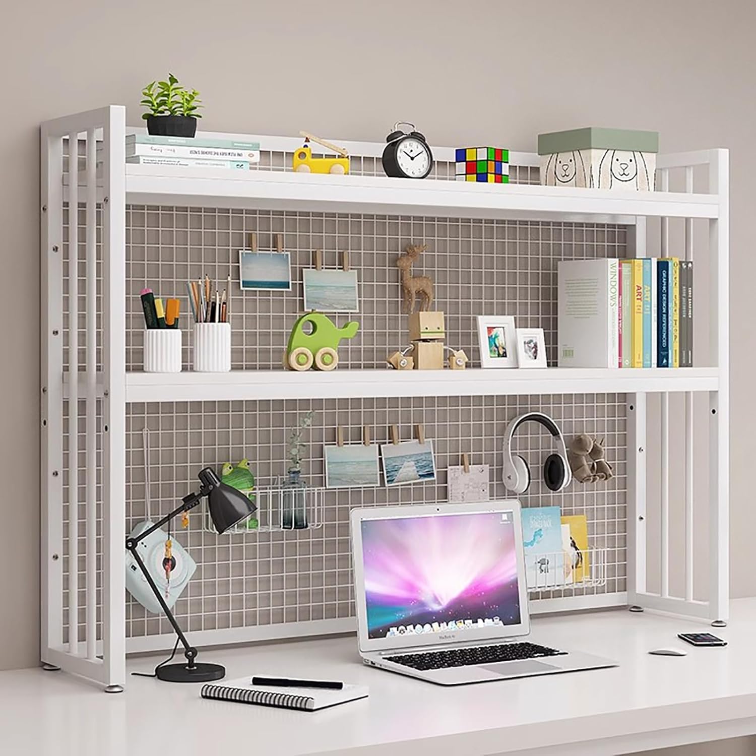 MESCXTY Desk Hutch Dorm Desktop Bookshelf,Desktop Bookcase for Computer Desk,Adjustable Shelf Top of Desk,Desktop Organizer Home Office Supplies Display (95cm/37.4", White C)