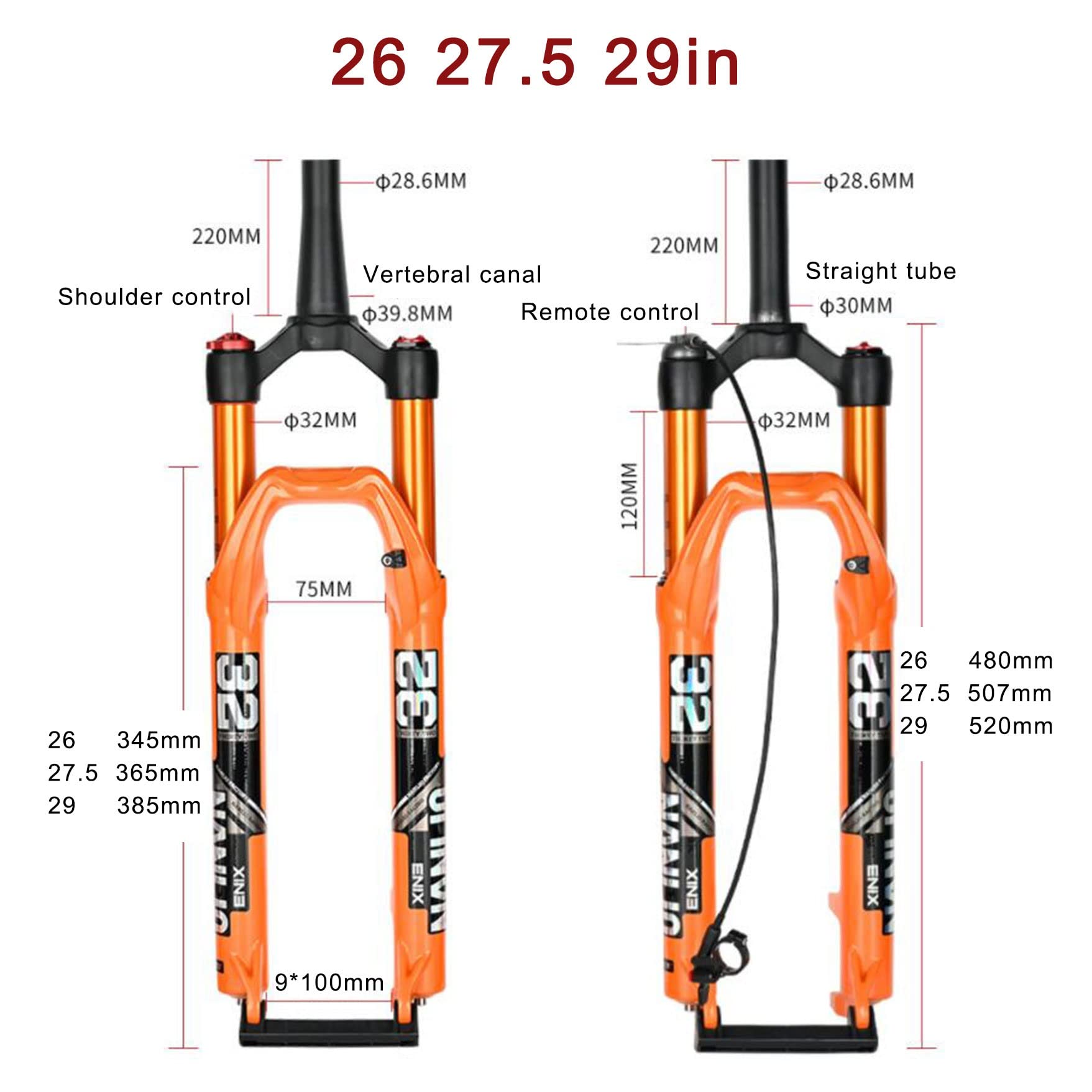 Forcella Anteriore Ammortizzata in Lega di magnesio, Escursione 100 mm, per Mountain Bike XC/AM/FR, Tubo sterzo Dritto da 1-1/8", con Accessori.