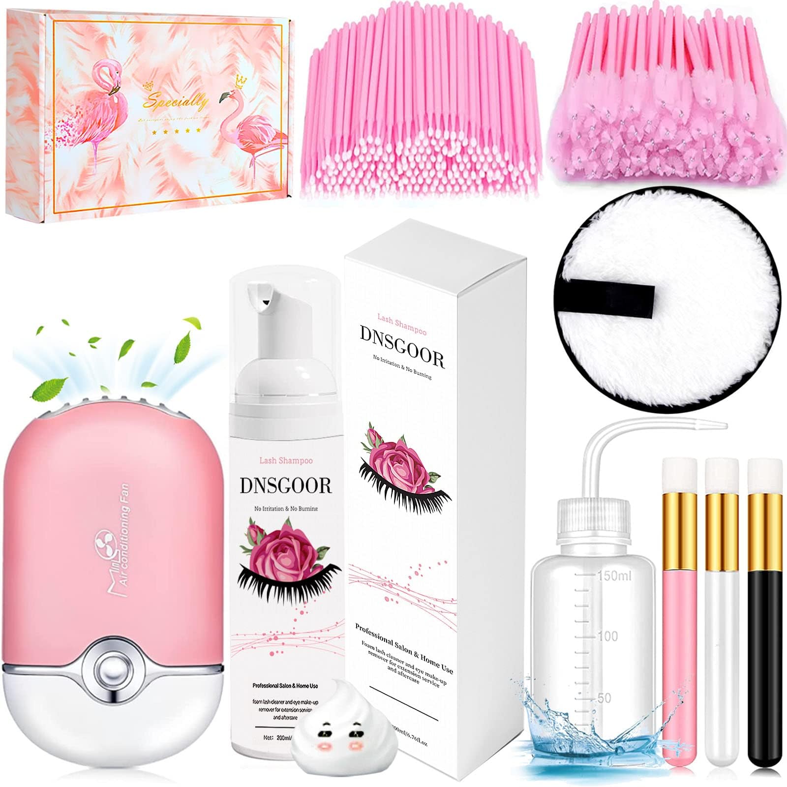 200ml/6.7fl.oz Lash Extension Cleanser Eyelash Shampoo Kit Mini USB Portable Lash Fan Eyelid Cleaning Brush Mascara Brush Mini Applicator Makeup Remover Cleaning Pad Wash Bottle Gentle Cleaning
