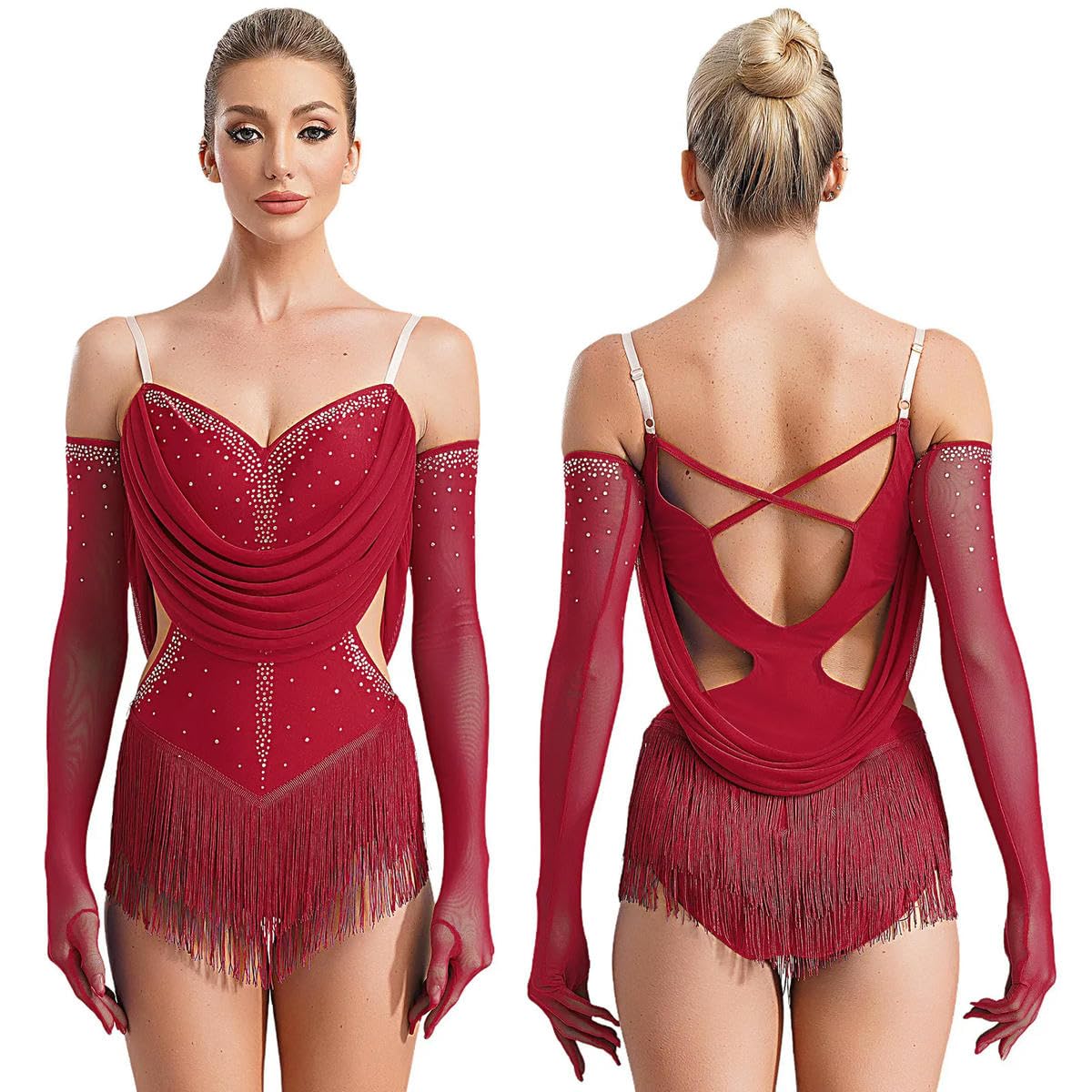 Body da donna con nappa, per danza latina, tango, cha-cha, pattinaggio, ginnastica, performance, Rosso, M