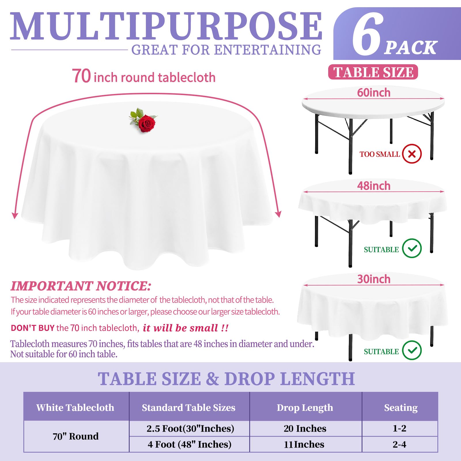 Lot de 6 nappes rondes en polyester de 177,8 cm pour tables rondes, infroissables, lavables, en tissu décoratif pour mariage, salle à manger, fête, banquet, buffet